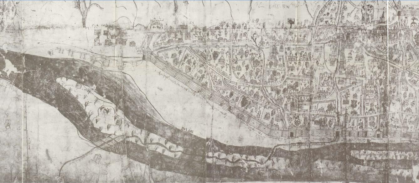 Фото: Фрагмент карти-плану міста Києва (1695), складеної підполковником Ушаковим за розпорядженням Петра I. Тут видно \"Почаївська коса\"